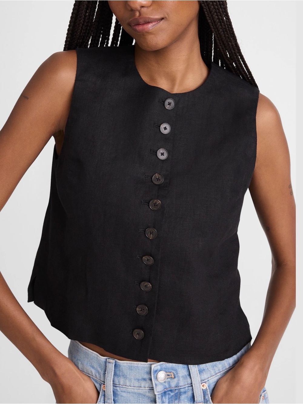 Madewell Button-Front Shell Top 100% Linen Jet Black Size 0 $98